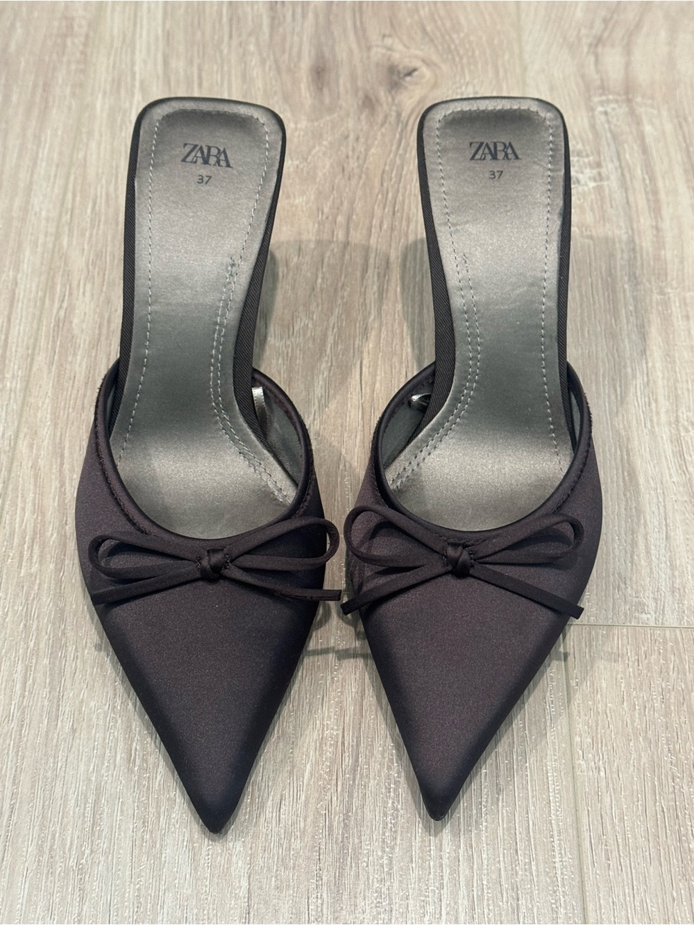 ZARA Dark Brown Pointed Bow Satin Mules - Women's